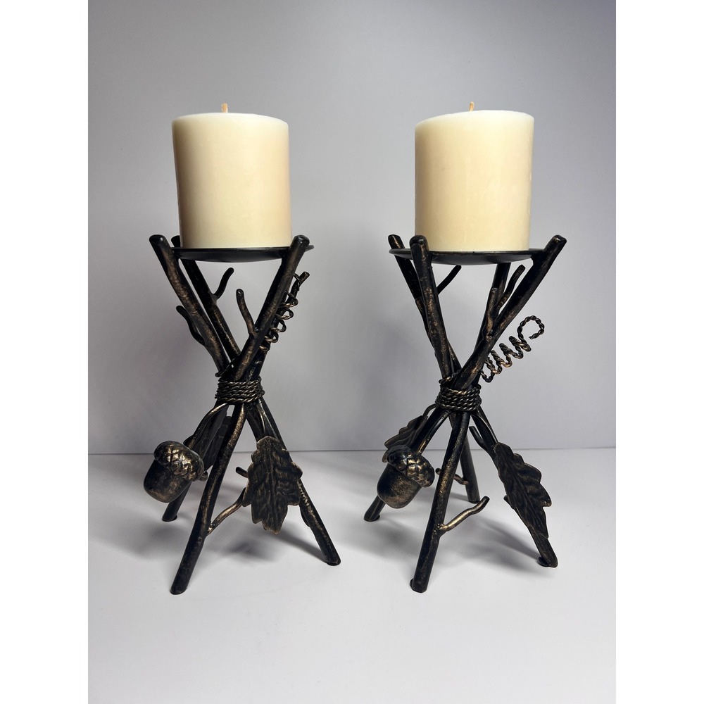Vintage Rustic Metal Branch Acorn Pillar Candle Holders Set of 2 Bronze Finish